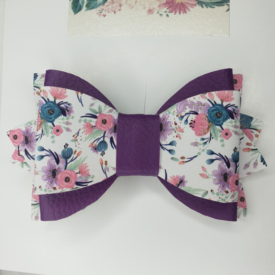 Purple Floral Leather Bow